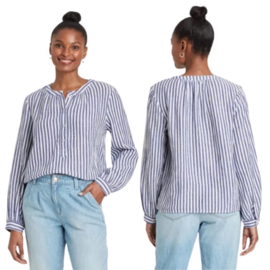 Universal Thread Long Sleeve Striped Button Top M